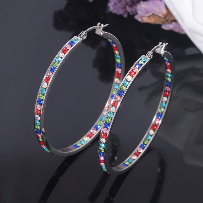 CiNily Mult-colors Crystal Stainless Steel Hoop Earring for Women Hypoallergenic Jewelry for Sensitive Ears Large Big Hoop Earrings 2" - Image 2